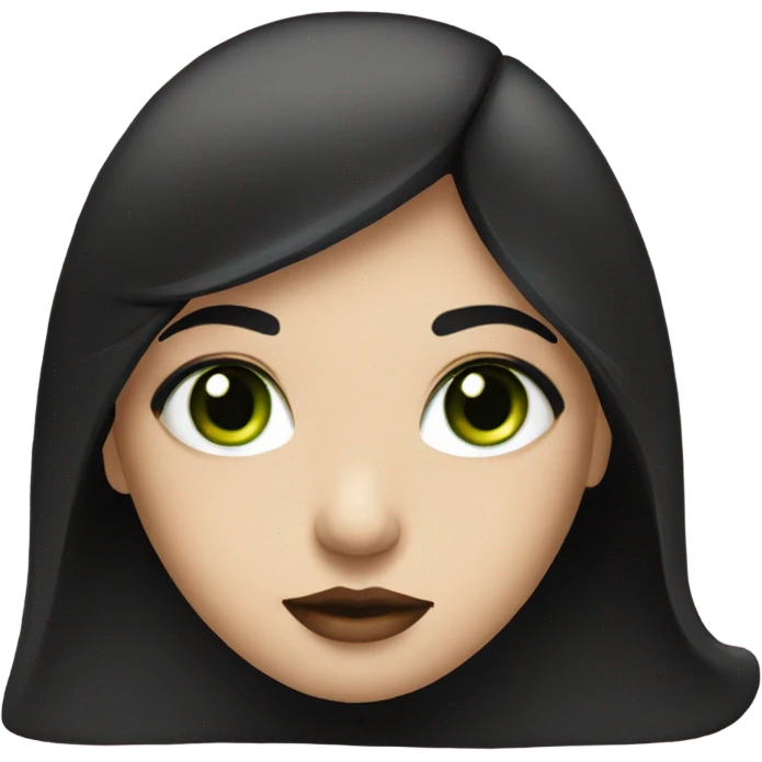 A girl has white skin, black hair and green eyes. Her lips are red emoji