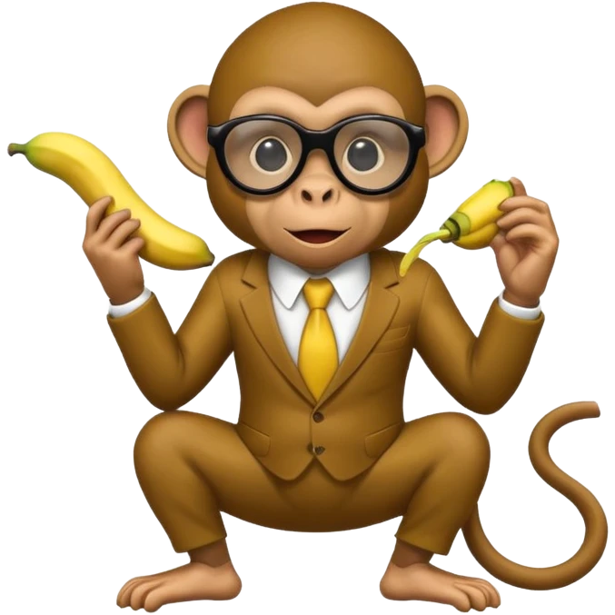 Make a suspicious emoji  that looks like a monkey in a mafia with mafia fully black glasses covering the eyes eating a banana in monkey pose emoji