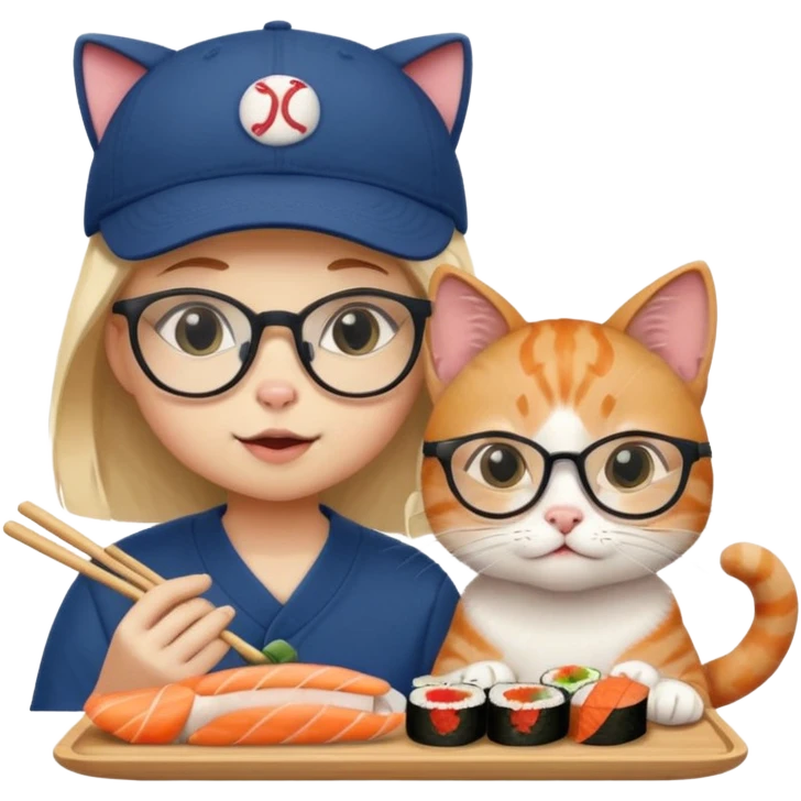cute girl cat wearing glasses and a cute boy cat wearing a baseball cap eating sushi together emoji