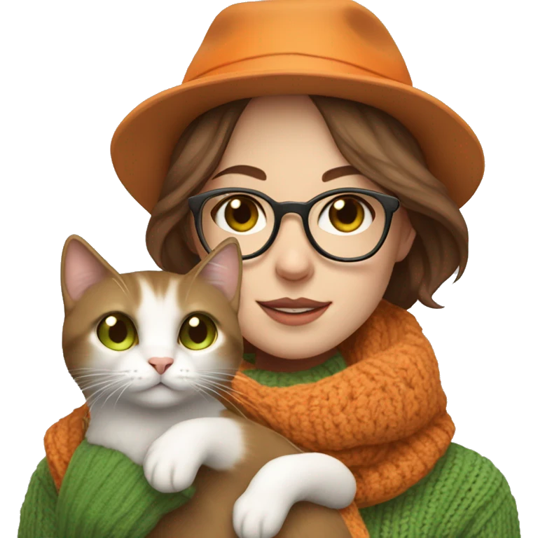 Woman with thin brown hair and a hat with glasses and brown eyes pale skin wearing a scarf and a sweater, holding an orange and white cat with green eyes emoji