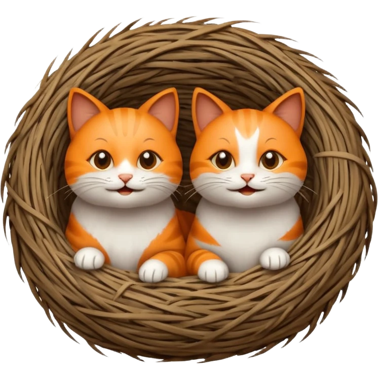 two happy cats in a bird's nest, emoji style, looking at each other, cozy emoji