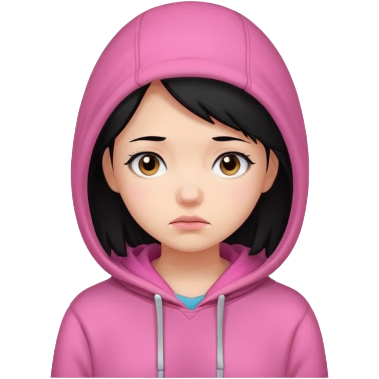 a portrait of sad girl, black hair, wear pink hoodie  emoji