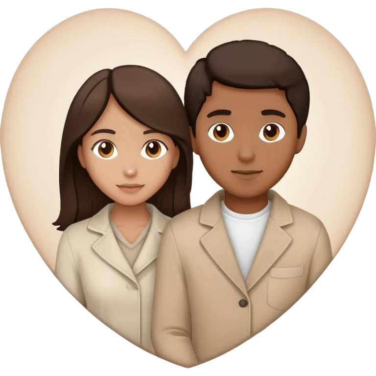 A couple with dark brown hair and mixed skin tone inside a white heart, wearing beige clothes emoji