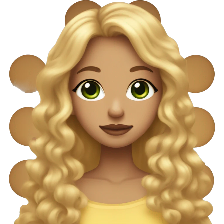 A girl with green eyes,long eyelashes, a cupids bow shaped type lips,golden honey brown hair,a small dot on her cheek,skinny,& has light skin tone, emoji