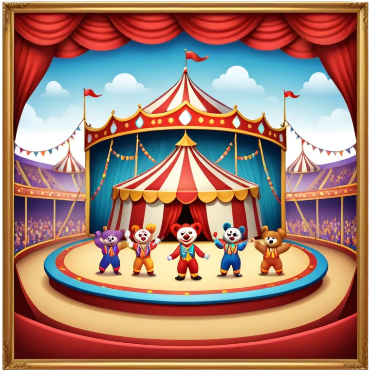 Icon for Circus Arts: a grand vibrant circus arena with acrobats, a clown, and performing bears. The icon should capture the excitement and energy of the circus, with colorful costumes and a lively atmosphere. Transparent background. emoji