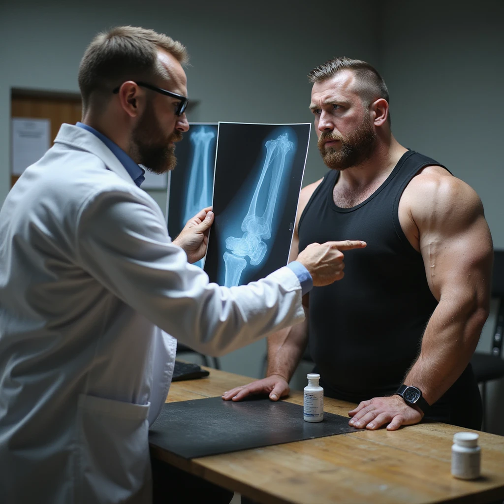 Powerlifter in competition clothing consulting sports doctor pointing at joint X-ray, worried expression, bottle of Stanozololo on table, realistic details, clinic background emoji