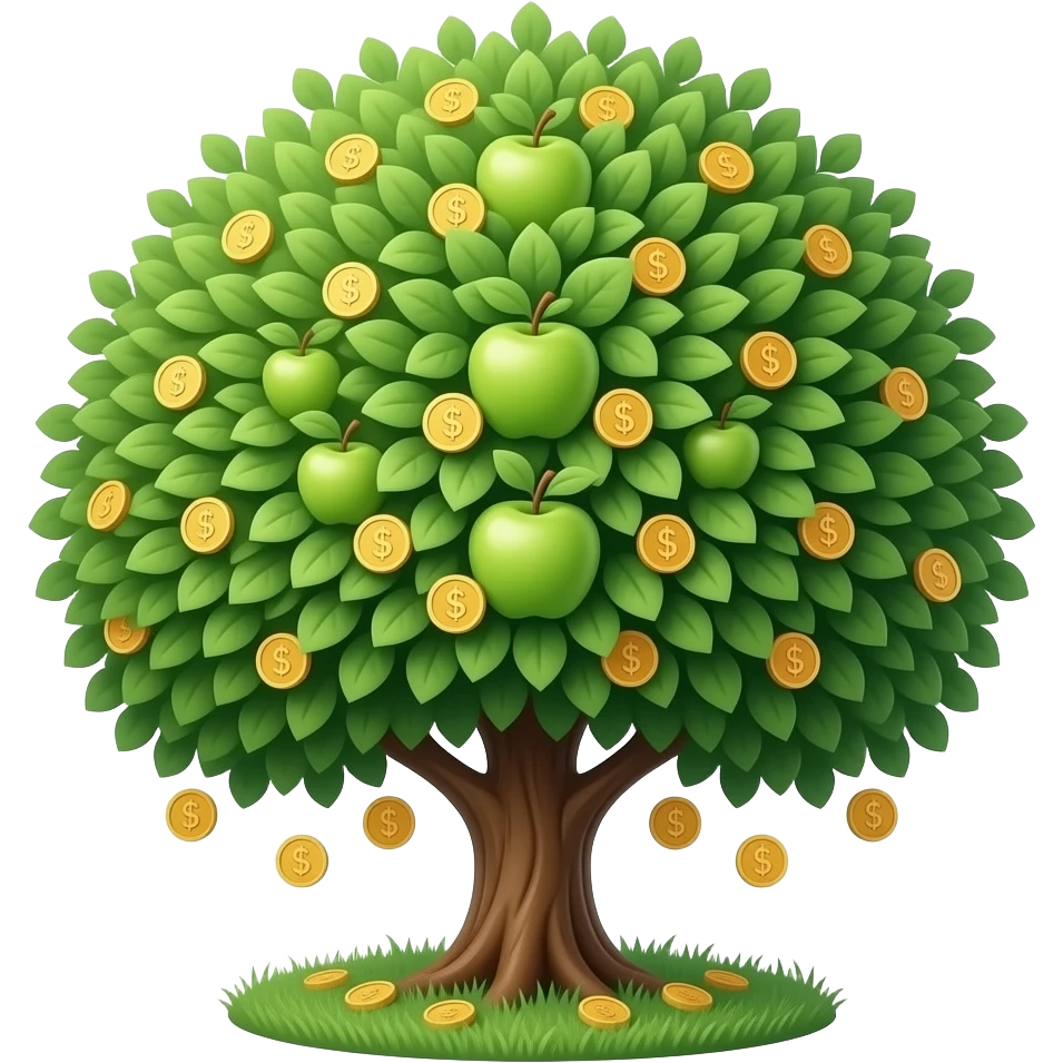 Apple-style money tree, round soft green canopy. No pot, no ground — only the tree. Small gold coins as fruits inside the leaves. Flat 3D vector, clean shapes, no gradients. emoji