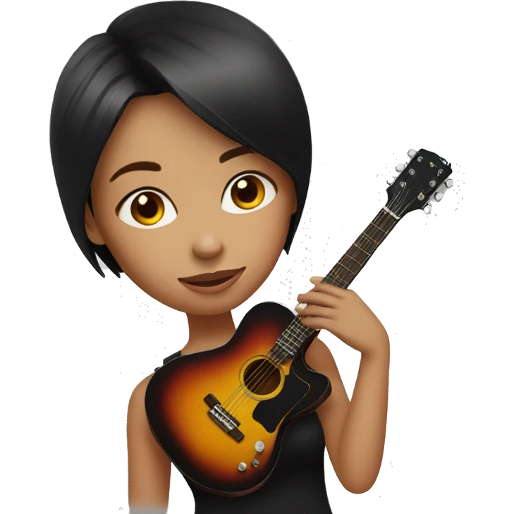 a girl wearing black have short red hair sipping, a guitar on her back, white eyes emoji