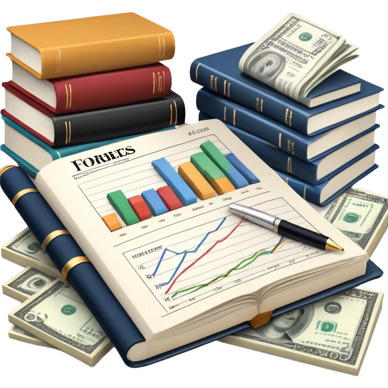 Icon for Business Reading: an open book with graphs, numbers, percentages, formulas, and text on the pages, next to a stack of books, a pile of dollars, a calculator, a pen, and business magazines like Forbes. Transparent background. emoji