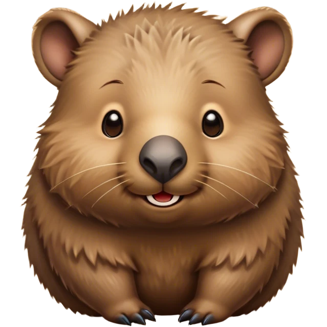 Cinematic Cute Wombat Portrait Emoji, Head tilted playfully and inquisitively, featuring a fluffy, shaggy brown fur with a round, endearing face and twinkling eyes full of gentle curiosity, Simplified yet irresistibly adorable features, highly detailed, glowing with a warm, friendly glow, high shine, affectionate and chubby, stylized with a touch of bushland whimsy, bright and endearing, soft glowing outline, capturing the essence of a mischievous yet loving wombat, so playful it feels like it could trundle out of the screen into your arms! emoji
