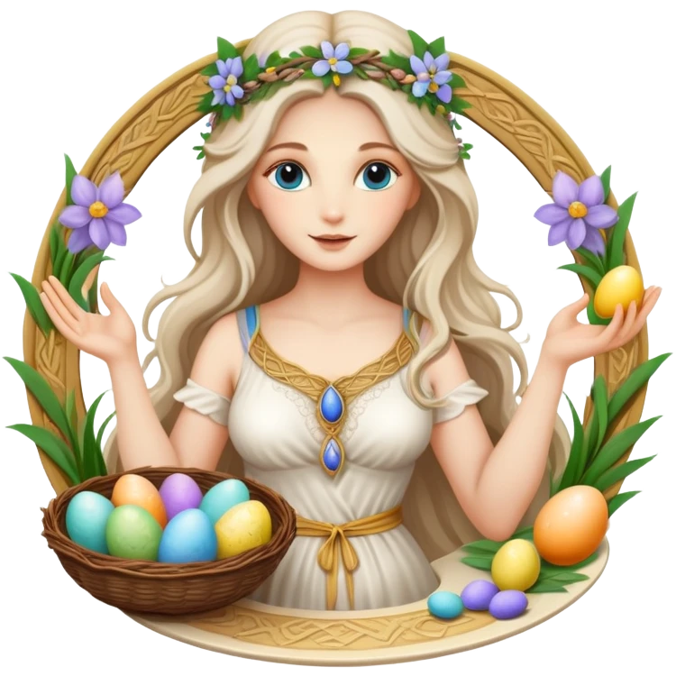 A beautiful goddess Eostre with flowing hair and spring flowers, holding Easter eggs and a Passover seder plate emoji