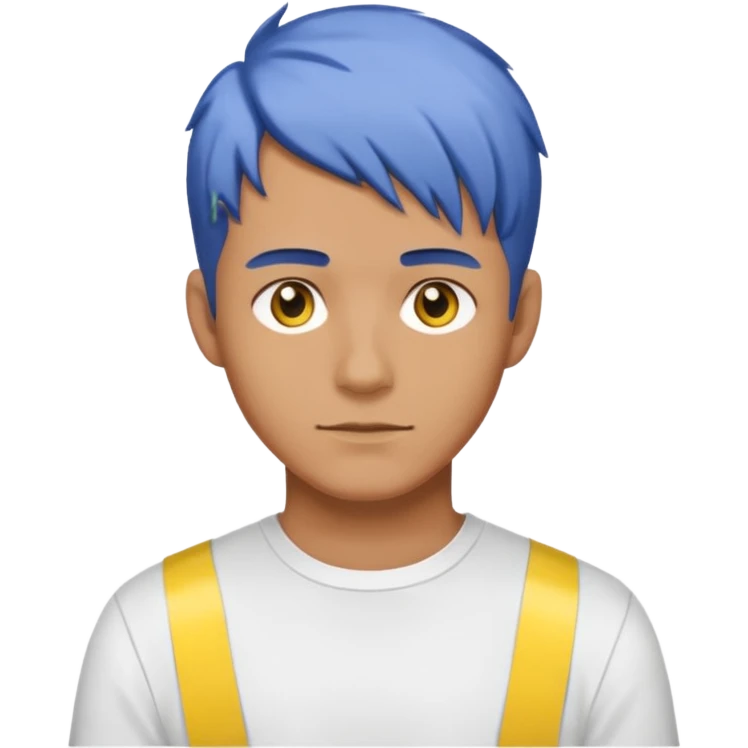 Make me an emoji that has a guy with a white shirt and yellow tape around the shirt with brown and blue hair  emoji