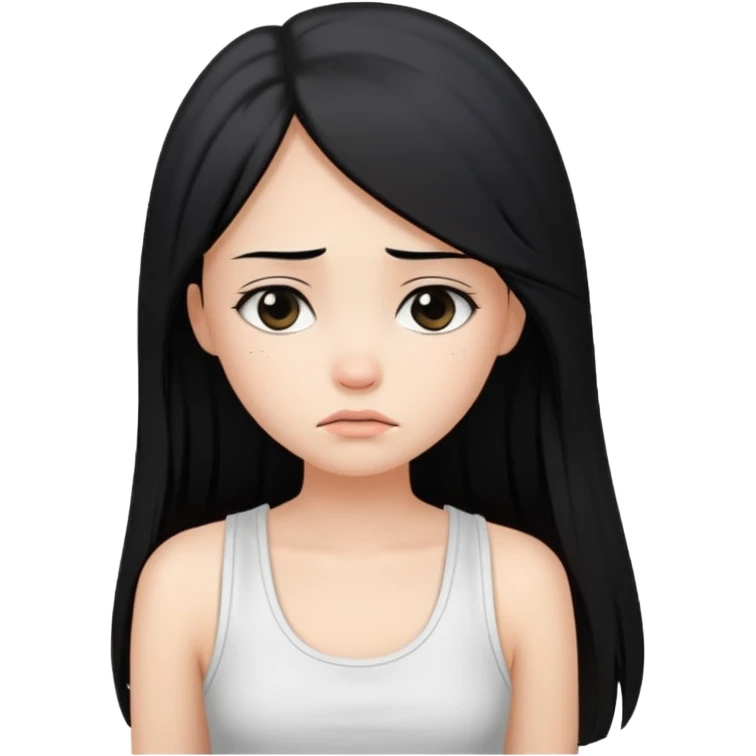 a pretty bratz fair girl with long straight black hair  with a white tank top slightly sad emoji