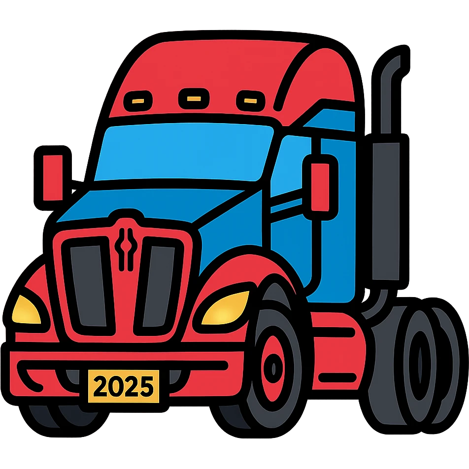 Detailed vector illustration style close-up of a 2025 Kenworth T680 truck in black, 45-degree front angle, headlights on, no background. emoji