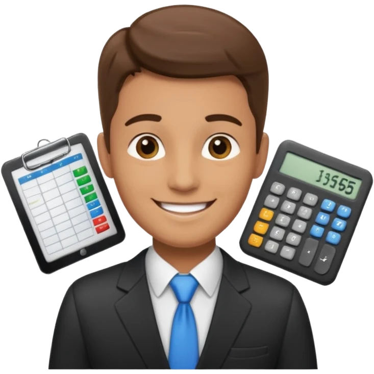 male aUDITOR smiling with spreadsheet and a calculator, emoji, ADD A puzzle and a Balance for accounting emoji