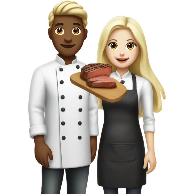 20 year old white skin Blonde couple eating steak girl with long hair in chef outfit  emoji