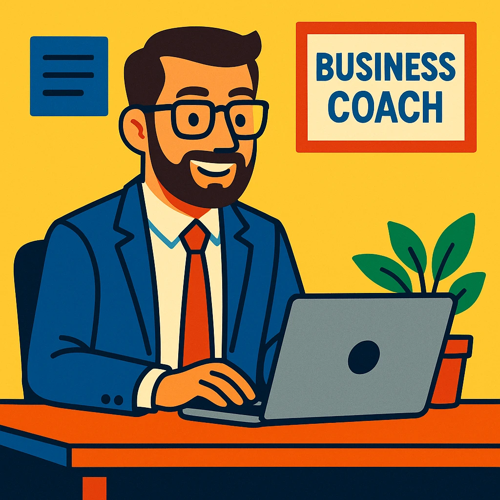 A 35-year-old male business coach sitting at a desk with a laptop emoji