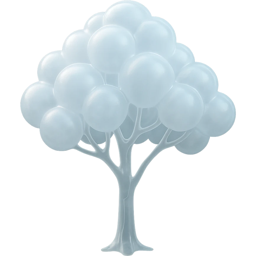 one tree with many branches and a white trunk, crown made of small very bright white fluffy convex clouds, matte glass style emoji