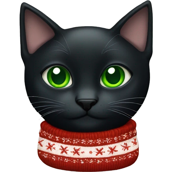Black cat with green eyes wearing a Christmas sweater emoji
