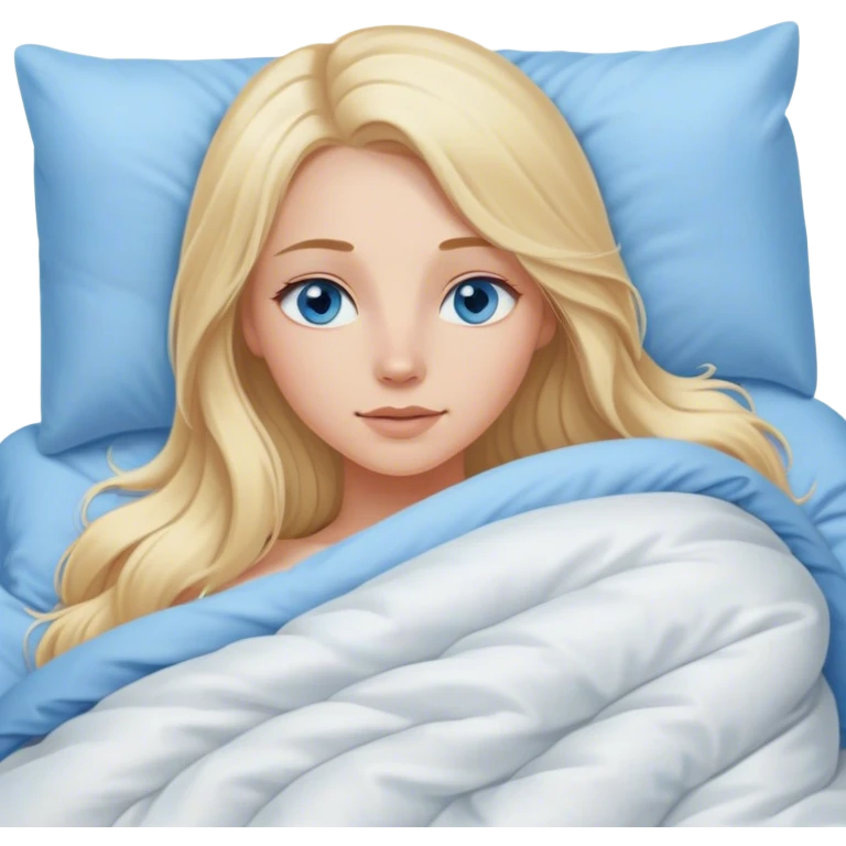 Cinematic realistic blonde with long hair, blue eyes and delicate features, lying in a cozy, soft bed, covered with a duvet emoji