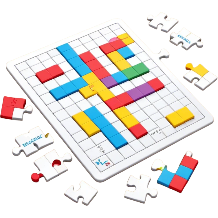 A colorful puzzle piece, a crossword magazine, a 3D puzzle, and a partially completed puzzle picture on a table. Bright colors, minimalist design, modern style. Transparent background, suitable for puzzles and brain games. emoji