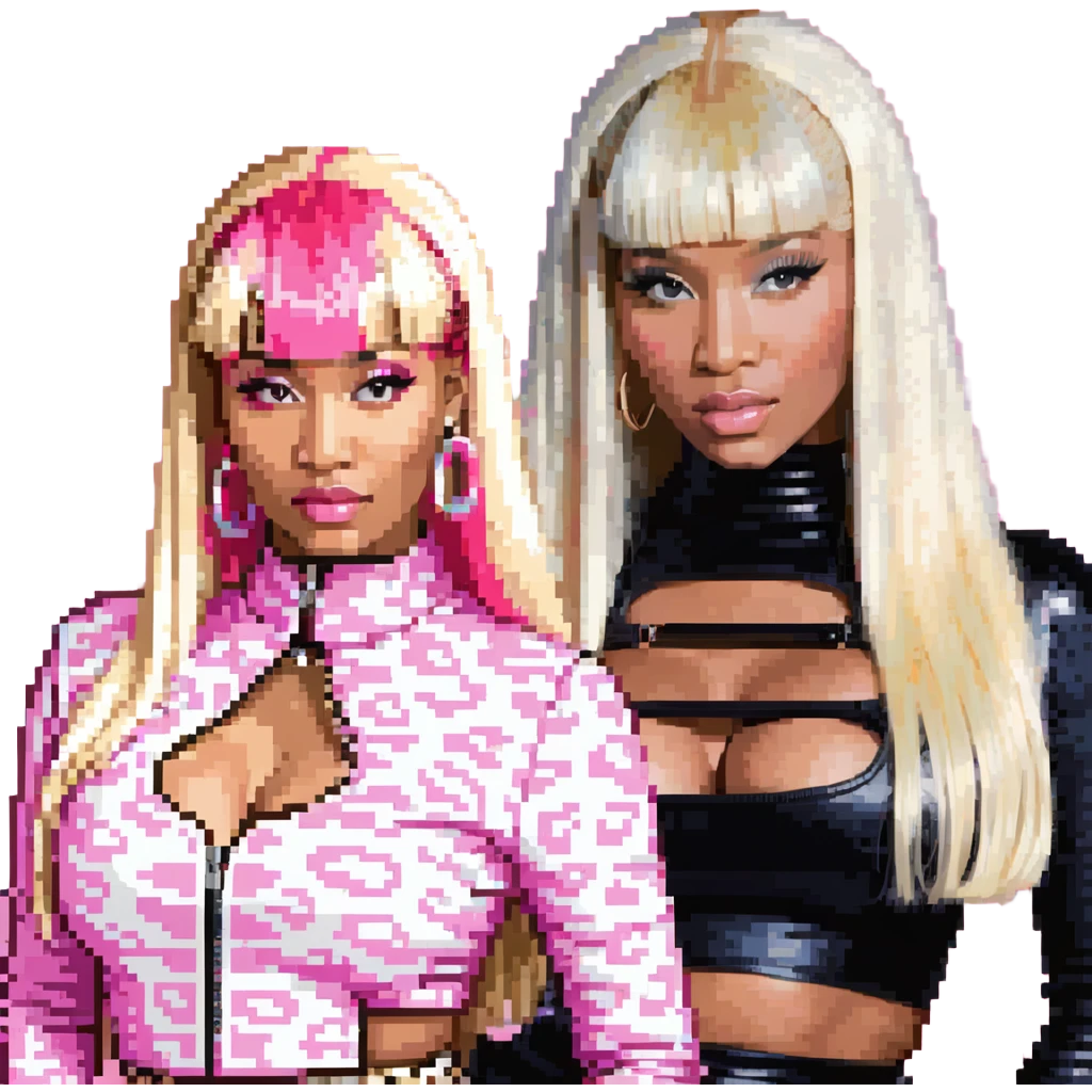 Nicki Minaj in pink and white leopard print outfit with bangs and split-dyed hair blonde on left side pink on right side emoji