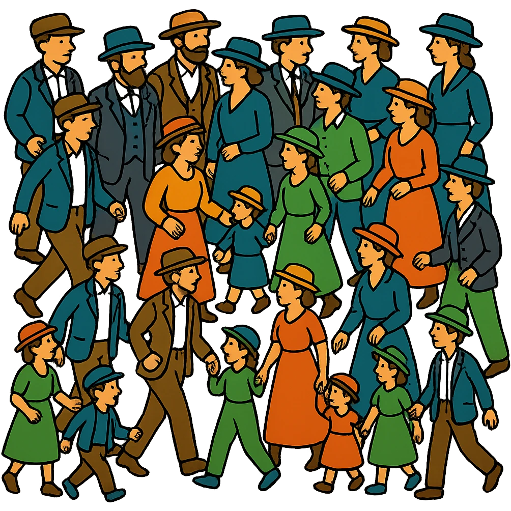 Add more people and children to the group in an isometric full body view, wearing period-appropriate 19th century clothing and hats, in dynamic poses. Keep the style consistent with the original image. Transparent background, no text. emoji