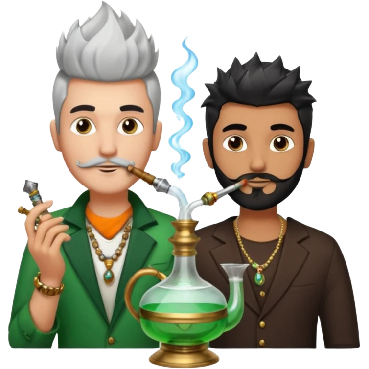 Brass hookah with green design on a glass water base on the top; with two smoke pipes where people are holding them and smoking - one white guy with spikes (silver and black hair) and another Tamil handsome with little beard Indian guy. The Tamil guy is not having spiky hair  emoji