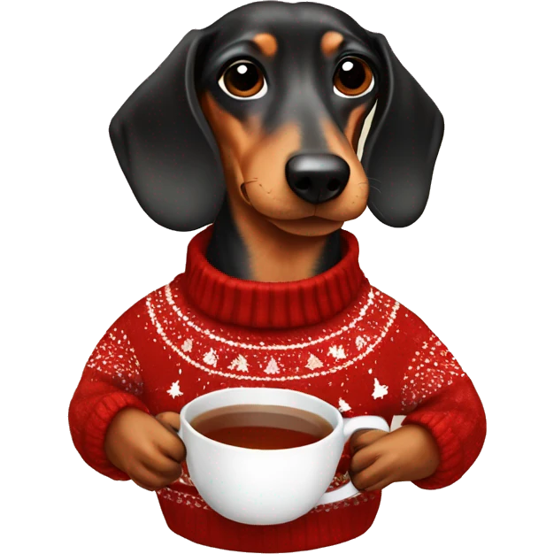 Dachshund in a Christmas sweater with a Christmas cup of tea emoji