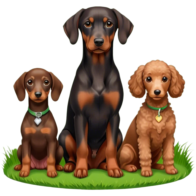 Close-up of a Doberman Pinscher, a Dachshund and a Poodle sitting together on lush green grass. The background features a beautiful, serene nature view with rolling hills and bright blue skies. The dogs' sleek coats shine under the sun. Transparent background. emoji