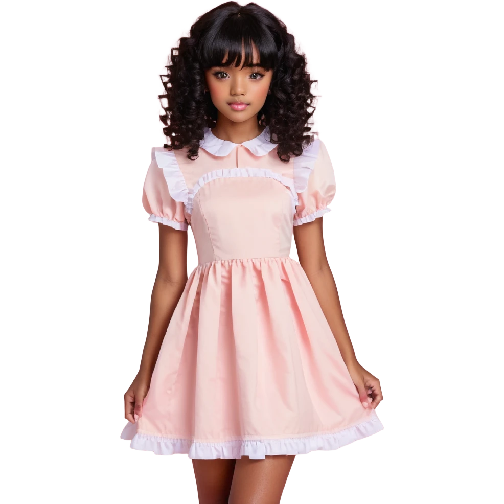 personagem de pele parda, cabelos cacheados pretos de comprimento médio com franja, olhos castanhos, maquiagem de boneca, vestido rosa claro emoji