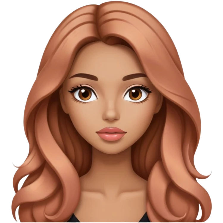 Glamours, tanned, very beautiful girl, with big pump peach-beige-rose lips, long long lashes, brown wavy smooth silky long hair, straight parting hair,with emoji