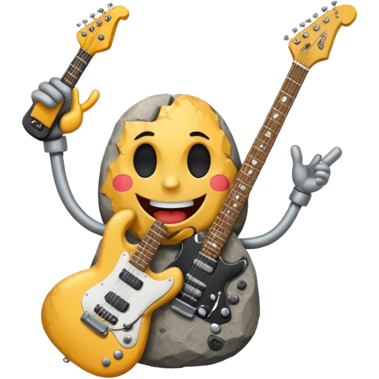 a rock with a happy face that is holding up a rock and roll hand and an electric guitar emoji