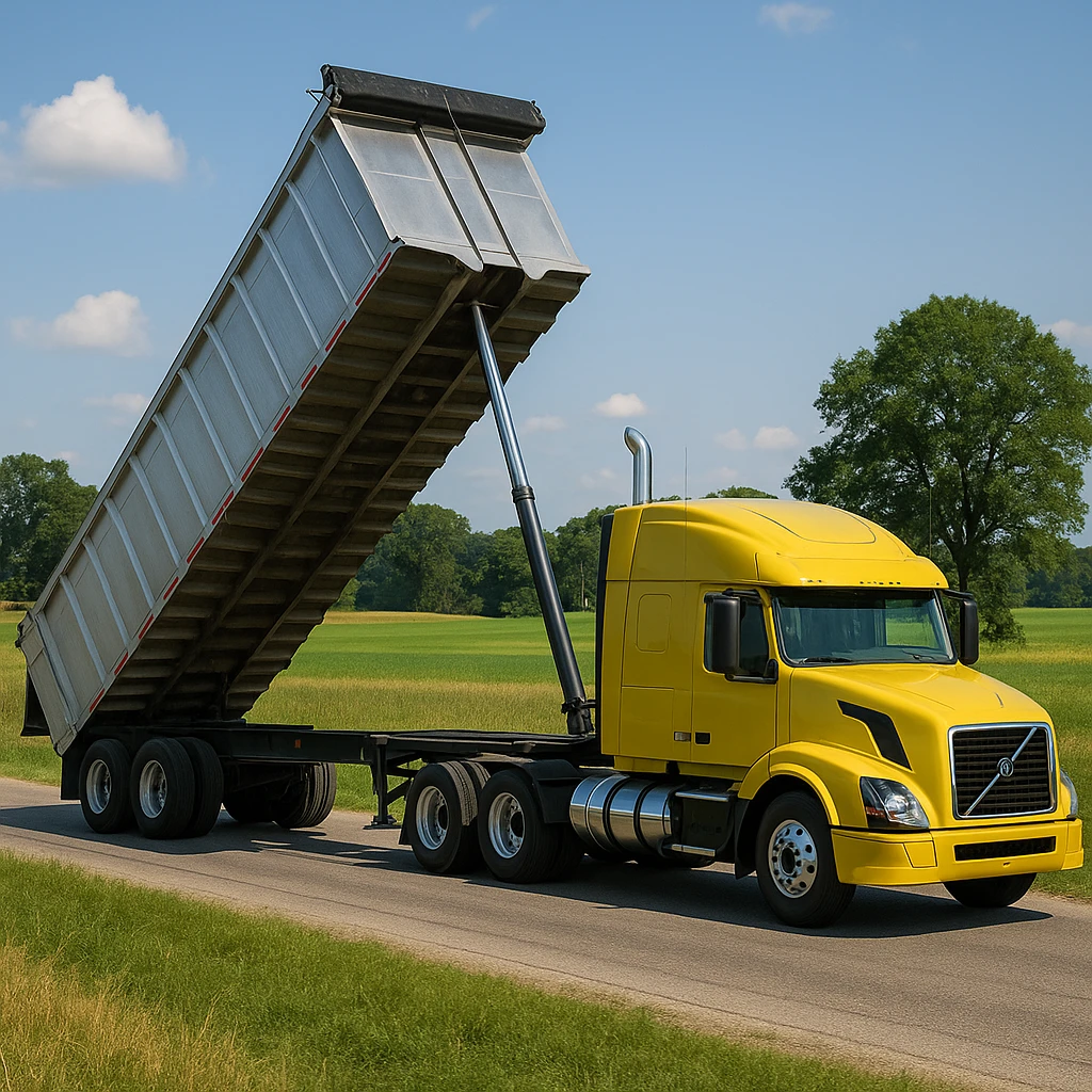 long silver end dump trailer hooked to a Volvo yellow semi sleeper truck, trailer in dump position, photorealistic daytime country scene with fields, trees, and a quiet country road, truck driving left emoji