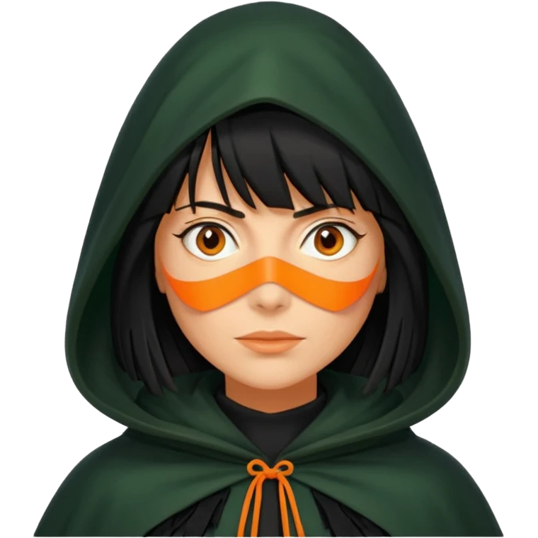 traitor tv show, person wearing dark green cloak with hood up who looks like claudia winkleman orange skin tone and thick black fringe no orange on the cloak  emoji