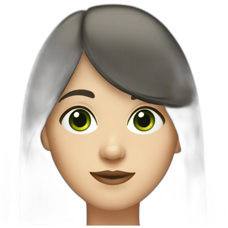 40 year old white woman with green eyes long dark hair and a fringe and oval shape face emoji