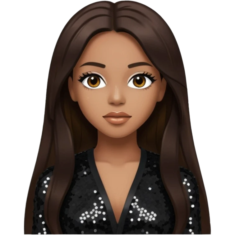 Aaliyah with long dark brown hair, black sequin outfit emoji