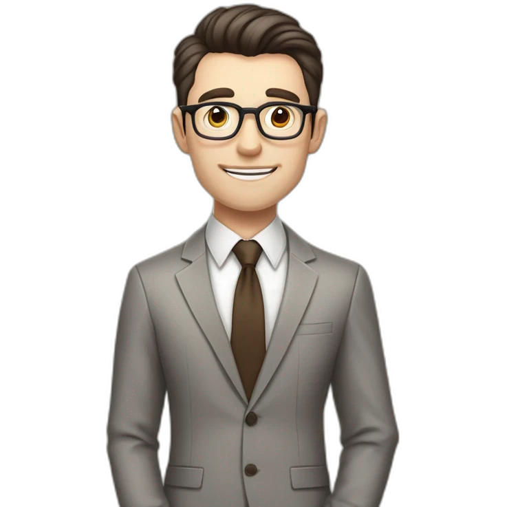 Pale skinned fit man with dark brown hair in gray jacket, beige office shirt, brown tie, brown pants and vintage glasses Writing text on the flipchart emoji