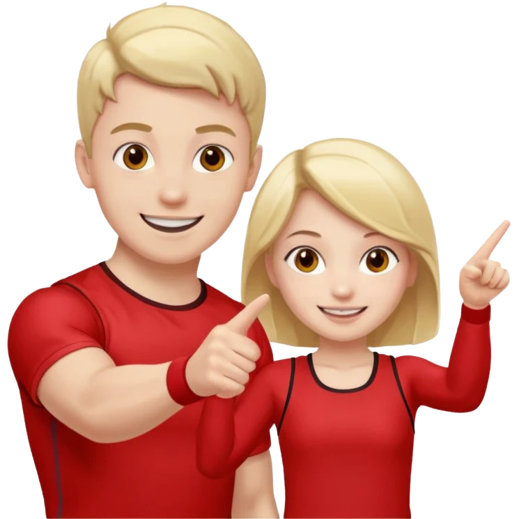 Girl and boy in red gym clothes who points out emoji
