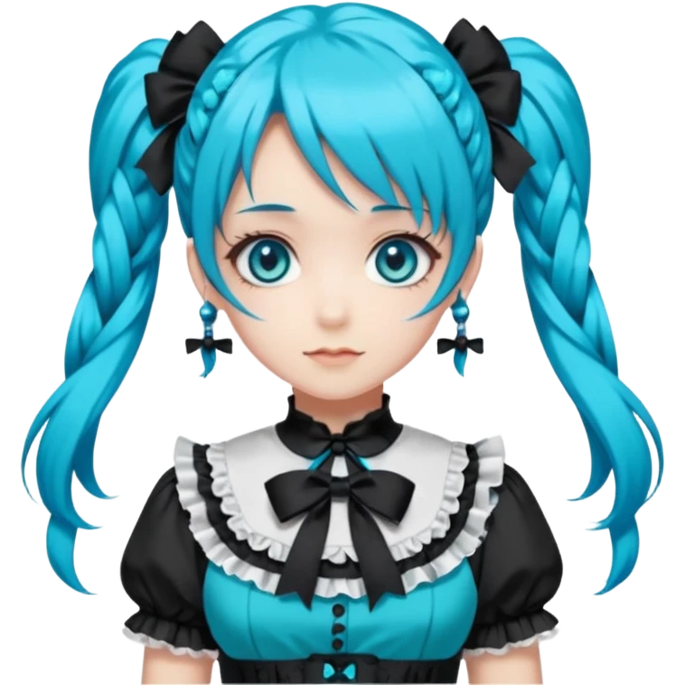 anime-style female character with bright turquoise hair styled in twin tails and matching blue eyes. Her outfit is a frilly turquoise and black dress in a Lolita-esque style, heavily contrasted with black ribbons and trim. A key detail is the prominent "AWP" logo printed in black on the chest, emoji