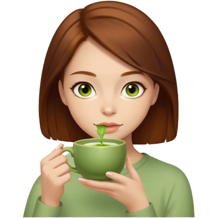 beautiful brunette with a slightly auburn hair color, with dark hazel eyes (let's call her kami), sipping matcha emoji