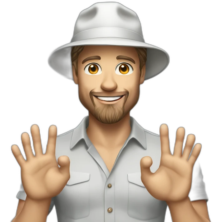 small businessman,Bucket Hat,smile, Brad Pitt, rings on his fingers, beard emoji