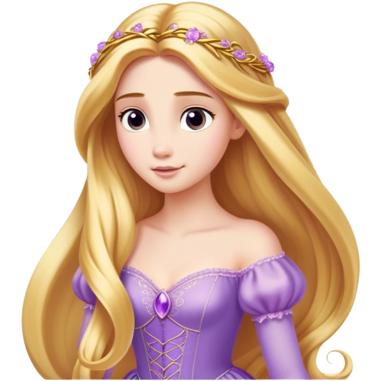 Cinematic Elegant Rapunzel Portrait Emoji, rendered in a realistic, vector-style with minimal shading and bold, simplified shapes. Depict Rapunzel (chest and above) with fair, porcelain skin, long, flowing golden hair cascading gracefully, and soft, gentle eyes, wearing her iconic light purple gown. The image glows with a soft, enchanting radiance and high shine, capturing timeless fairy-tale beauty. emoji