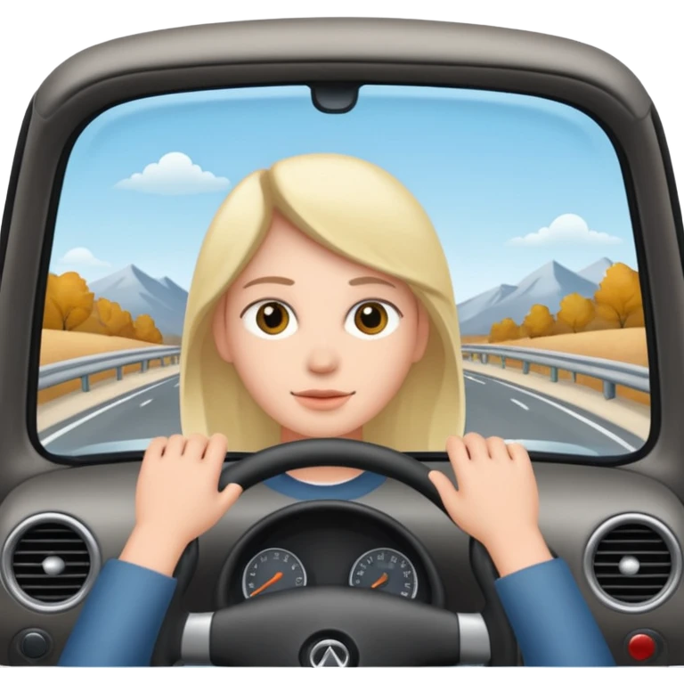 Crea un emoji con fondo transparente en PNG de una persona manejando un vehículo, que se vea desde el parabrisas frontal. emoji