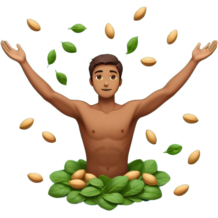 Man floating relaxed in the air with arms spread out, appearing weightless and serene, surrounded by floating pieces of dark chocolate, golden almonds, and green spinach leaves circling around him. The foods emit a subtle glow as they orbit the peaceful floating man. emoji