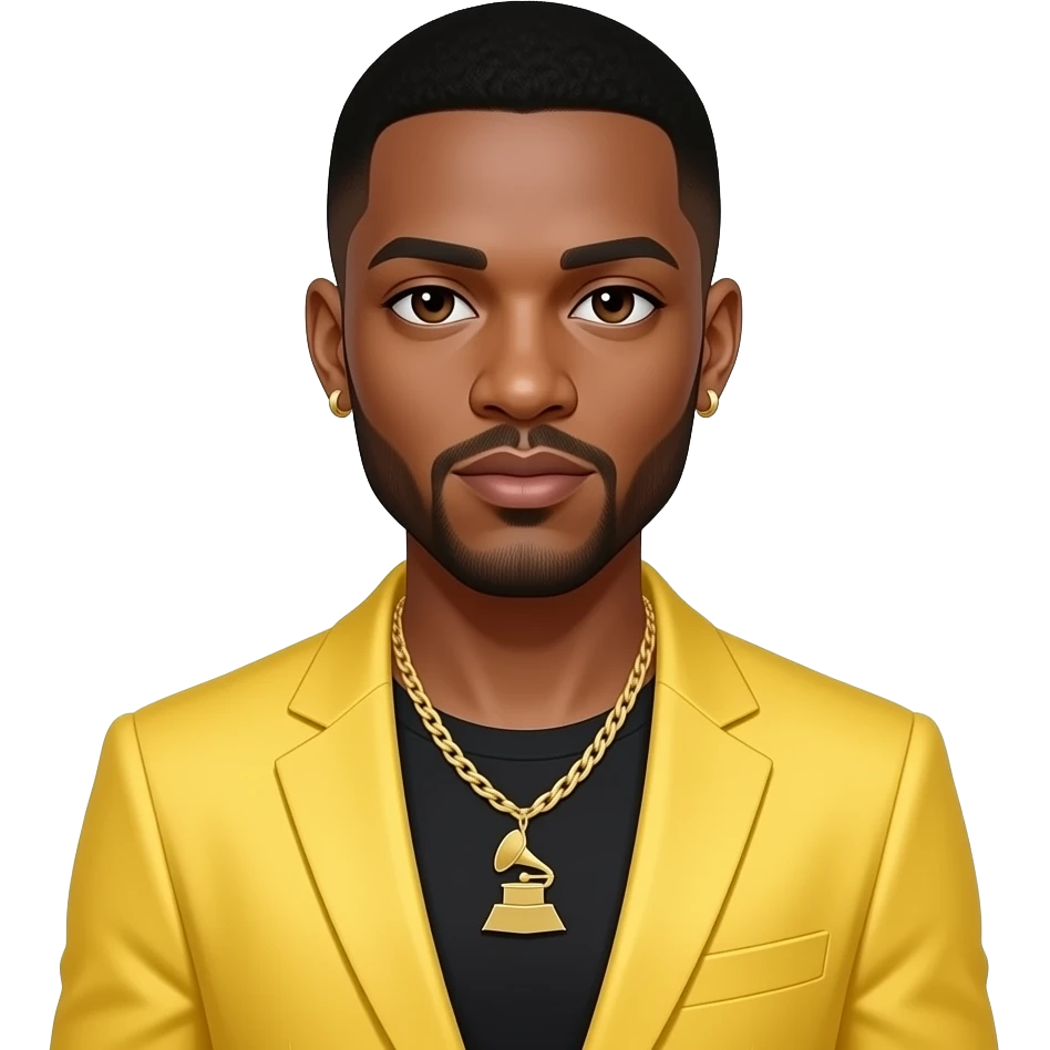 Usher with brown eyes, black buzz cut hair, butter yellow grammy suit jacket, necklace and earrings emoji