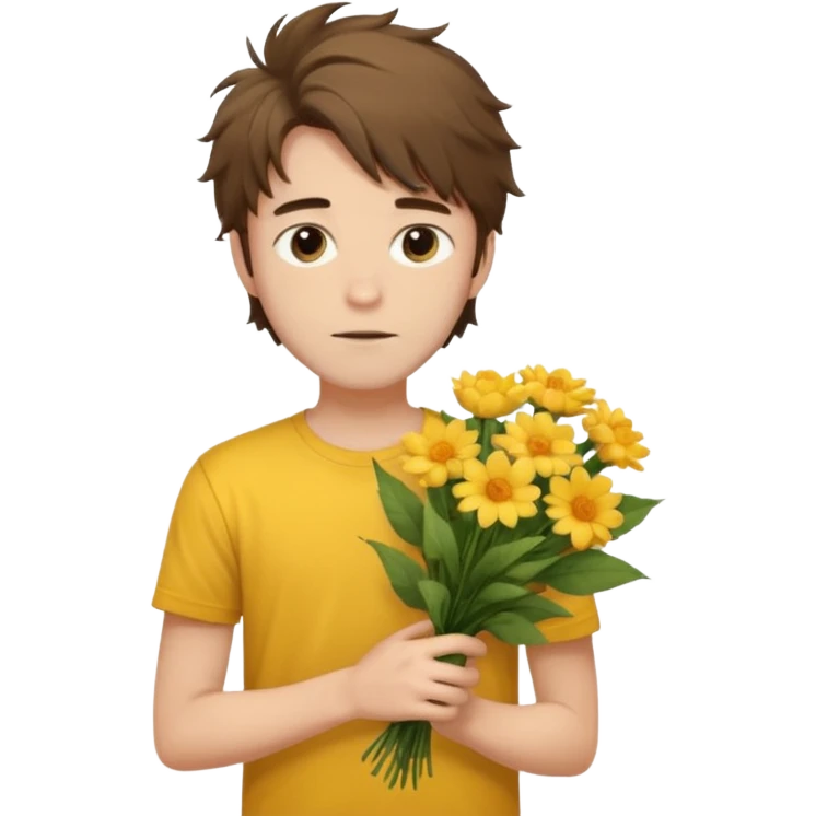 generate an ios genmoji of a 20 year old fair boy with brown long and messy hair with faint beard on cheeks. carrying a flower bouquet, wearing a yellow tshirt, looking shy.  emoji