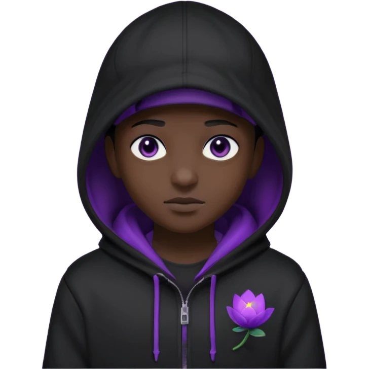 Cartoon blacked character related to a shadow, with all black clothes, focusing a hoodie with his cap on, no visible face because of the darkness, just his purple shadow eyes making a light bloom emoji