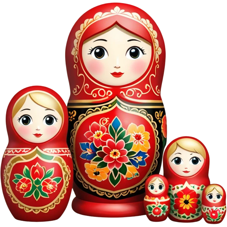 Wood painting icon, painted wooden matryoshkas (nesting dolls) of various sizes, vase, small wooden box, visible carving tools, paintbrushes, traditional patterns in bright colors like red, gold, and black, no finished artwork, just the crafting process, minimalistic style, clean lines, transparent background. emoji