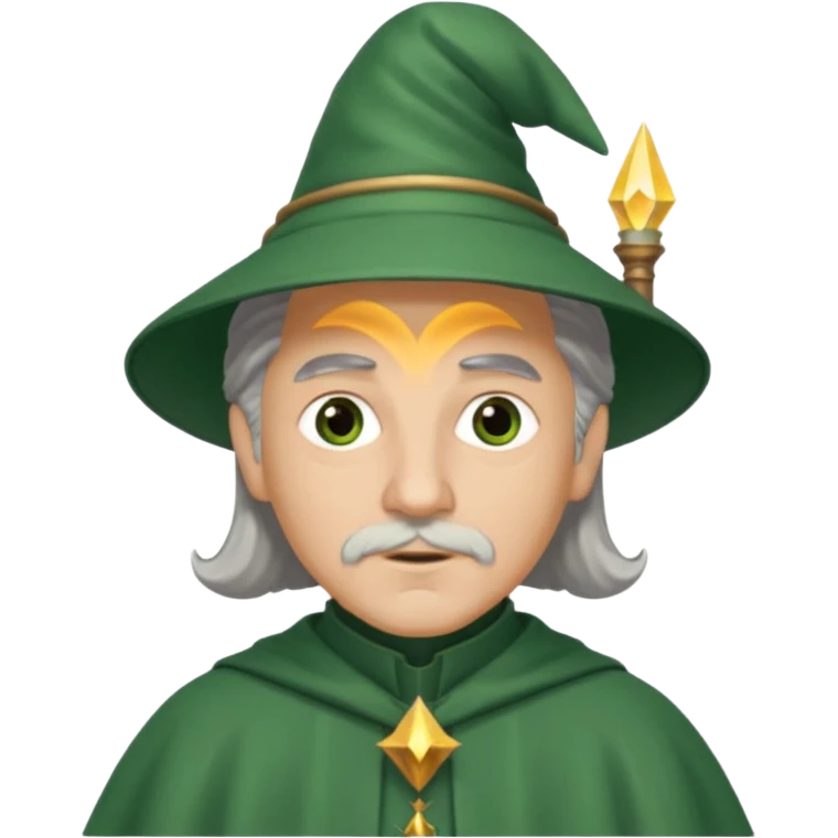 The Wizard from The Wizard of Oz with light skin, brown eyes, grey hair, green outfit emoji